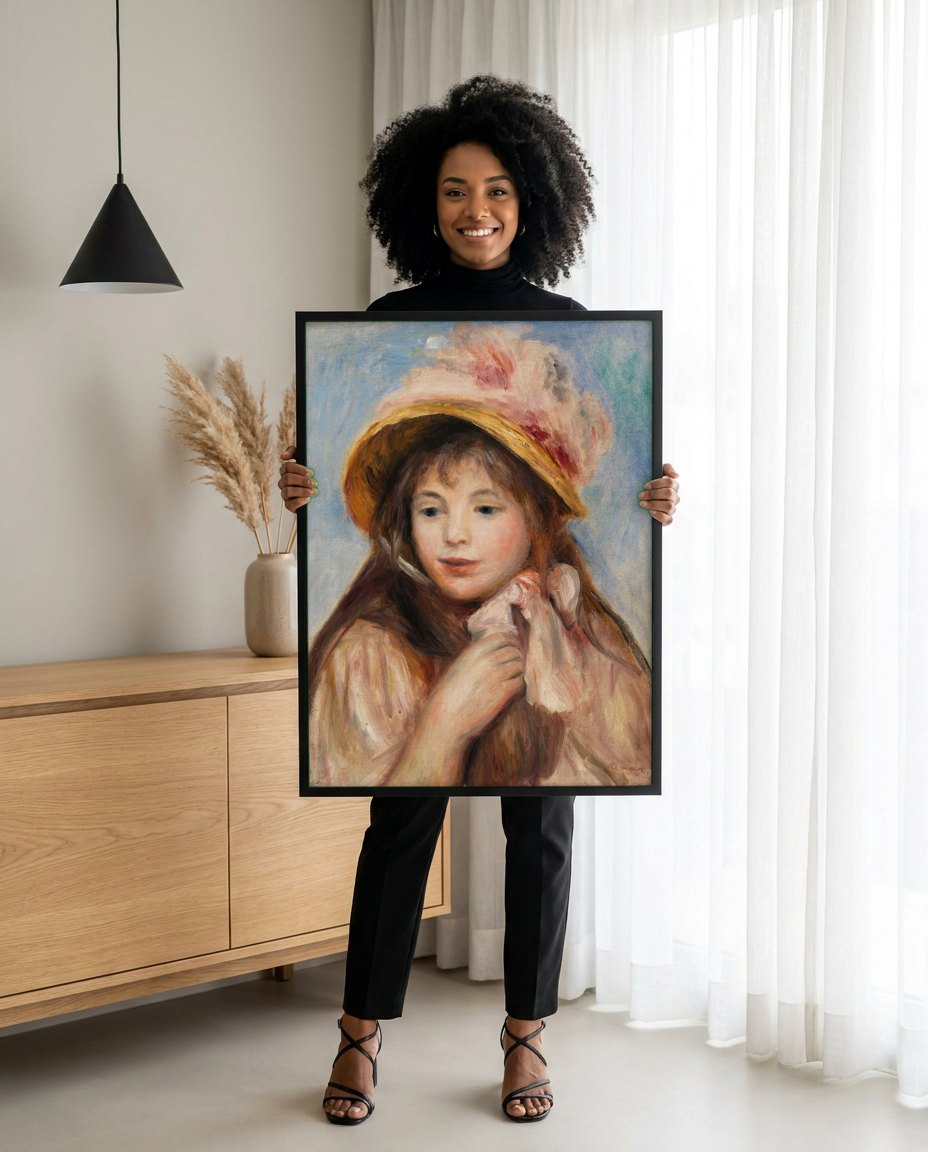 Quadro Decorativo Jovem Mulher com Chapeu - Renoir | modelo apresentando o quadro emoldurado