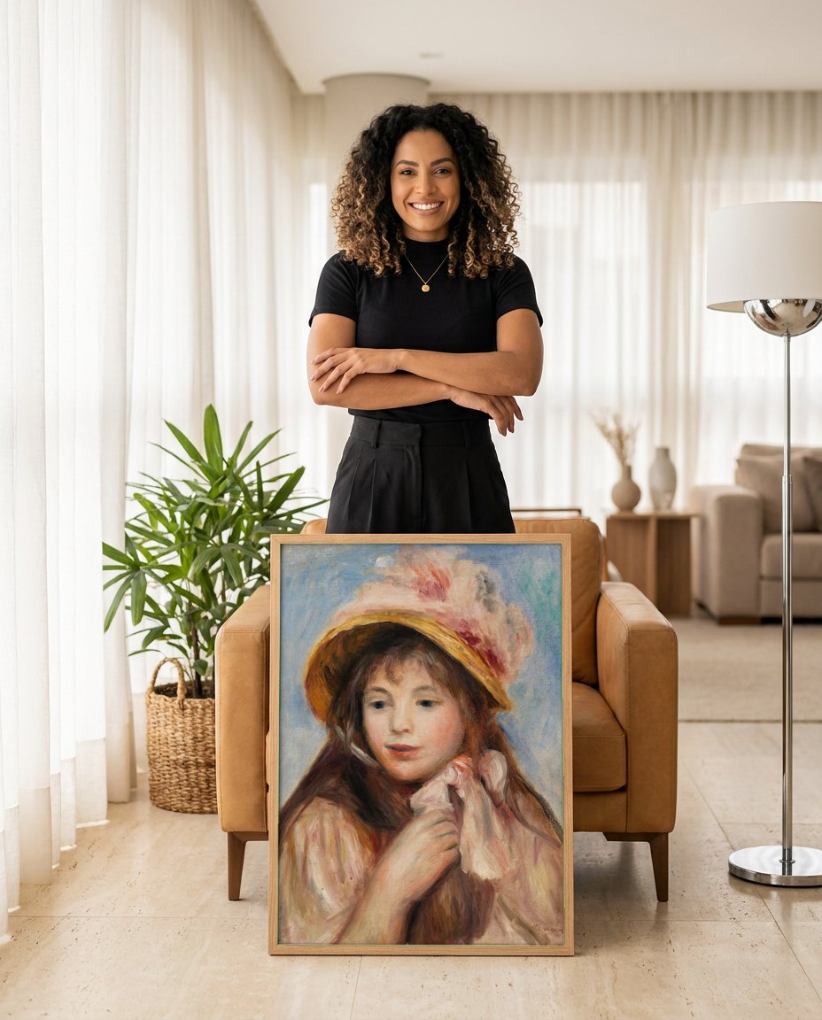 Quadro Decorativo Jovem Mulher com Chapeu - Renoir | modelo apresentando o quadro emoldurado
