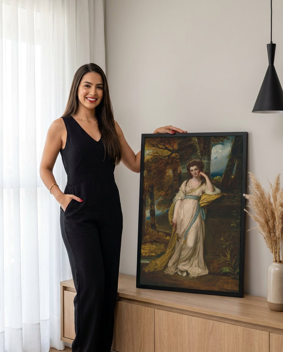 Quadro Decorativo Senhora em Paisagem - George Romney | modelo apresentando o quadro emoldurado