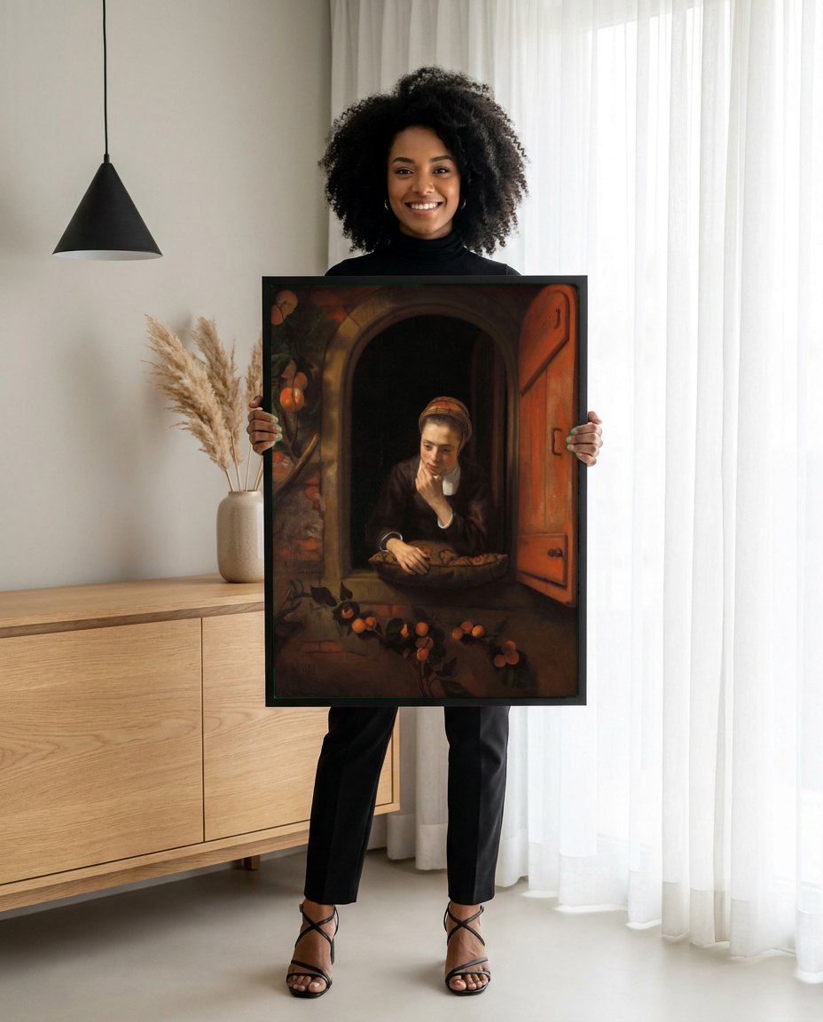 Quadro Decorativo A Contemplação na Janela - Nicolaes Maes | modelo apresentando o quadro emoldurado