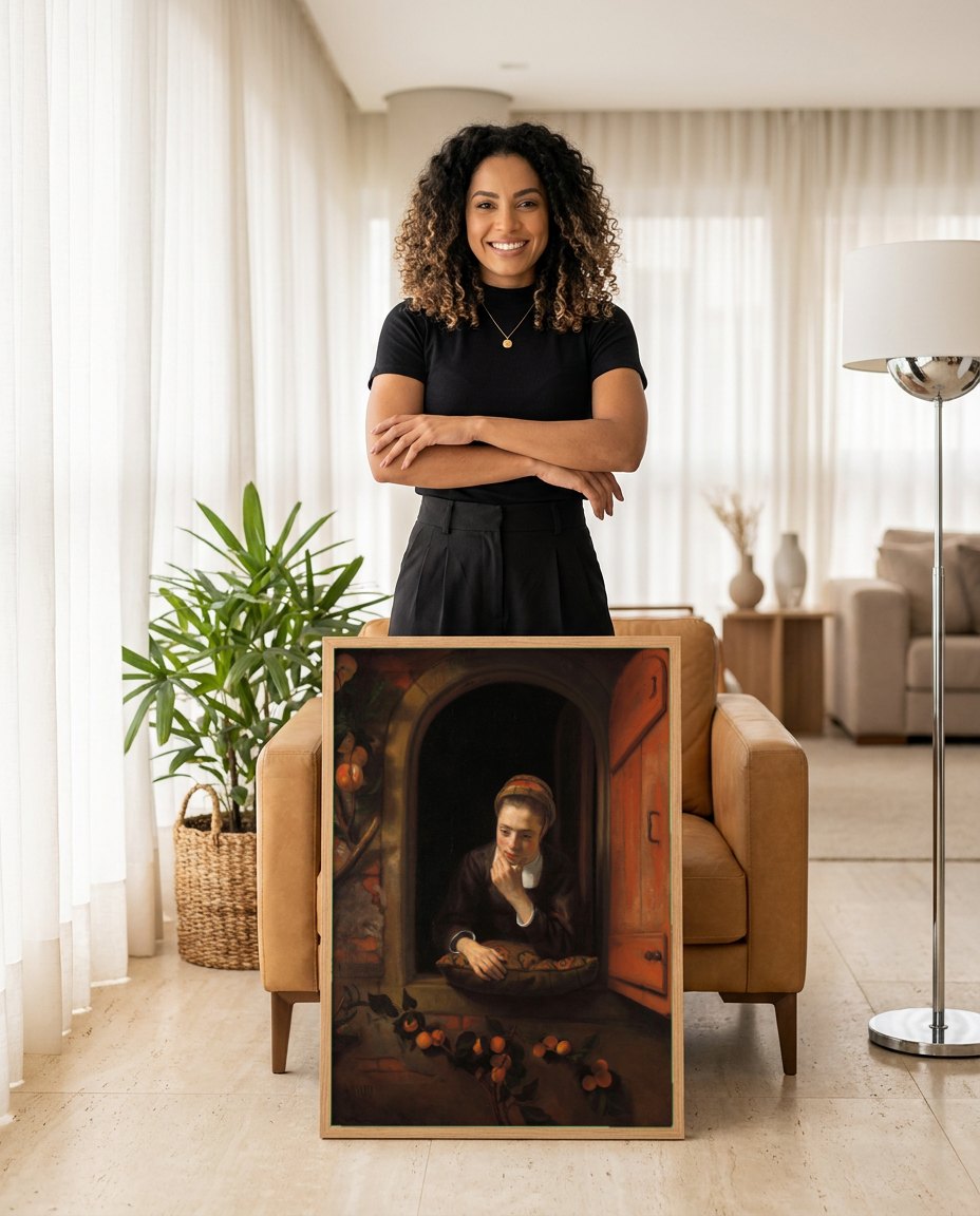 Quadro Decorativo A Contemplação na Janela - Nicolaes Maes | modelo apresentando o quadro emoldurado