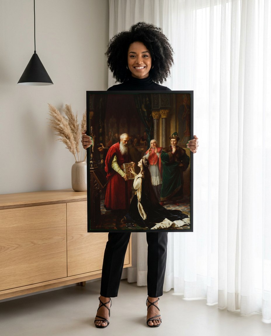 Quadro Decorativo A Oferta do Livro - Józef Simmler | modelo apresentando o quadro emoldurado