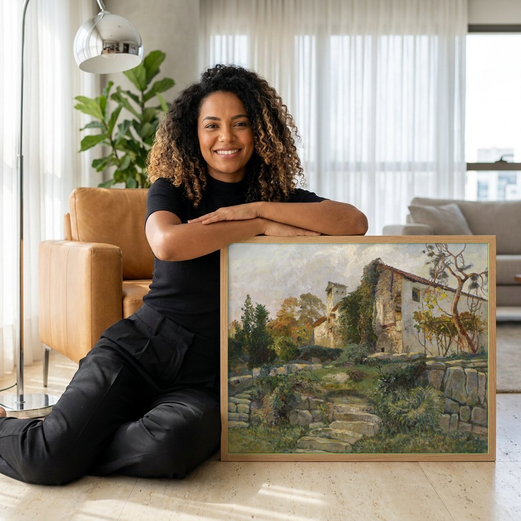 Quadro Decorativo A Casa na Colina - Marie Egner | modelo apresentando o quadro emoldurado