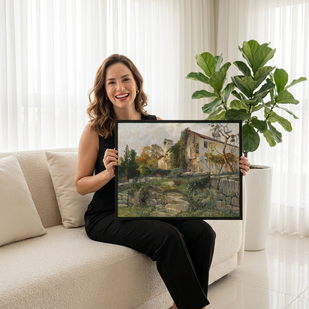 Quadro Decorativo A Casa na Colina - Marie Egner | modelo apresentando o quadro emoldurado