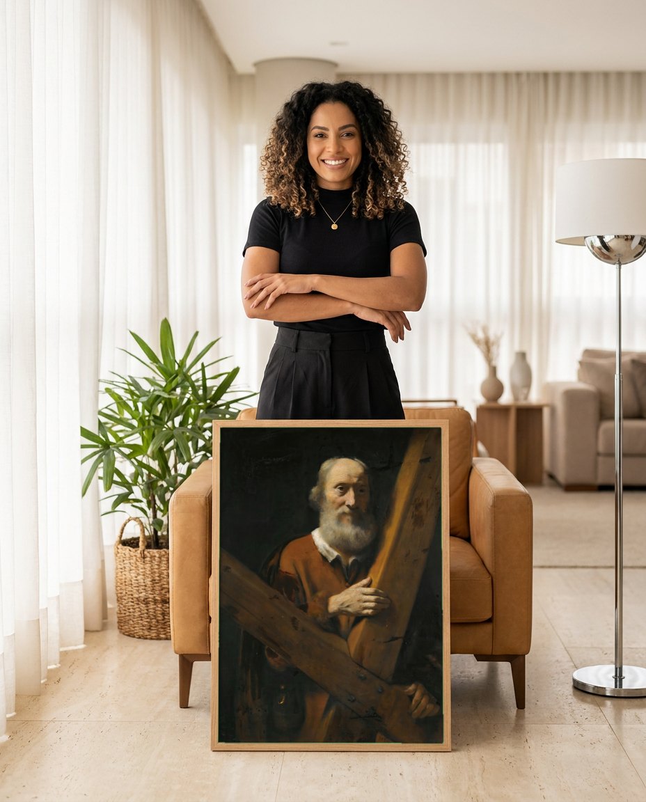 Quadro Decorativo Homem com Cruz - Nicolaes Maes | modelo apresentando o quadro emoldurado