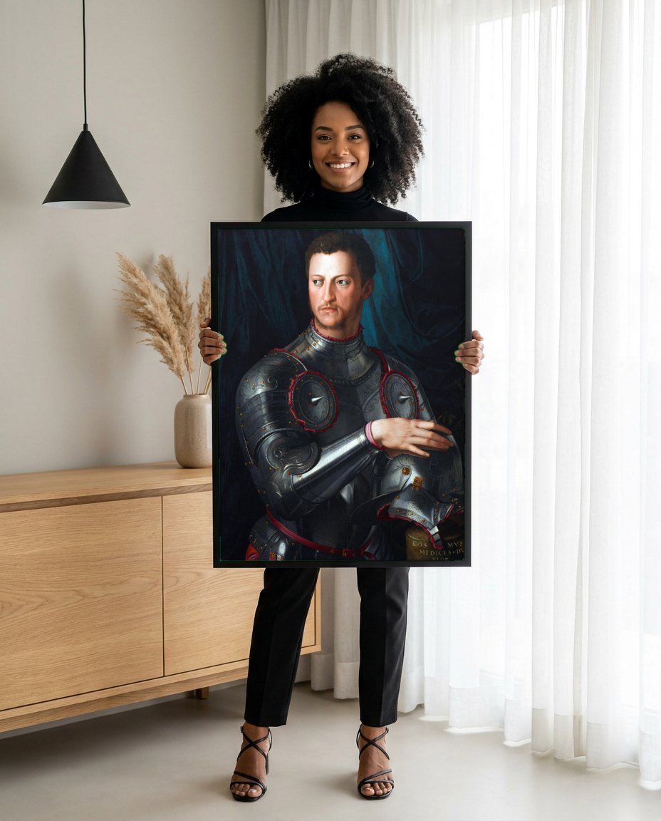 Quadro Decorativo Retrato de Cosimo I de' Medici - Bronzino | modelo apresentando o quadro emoldurado