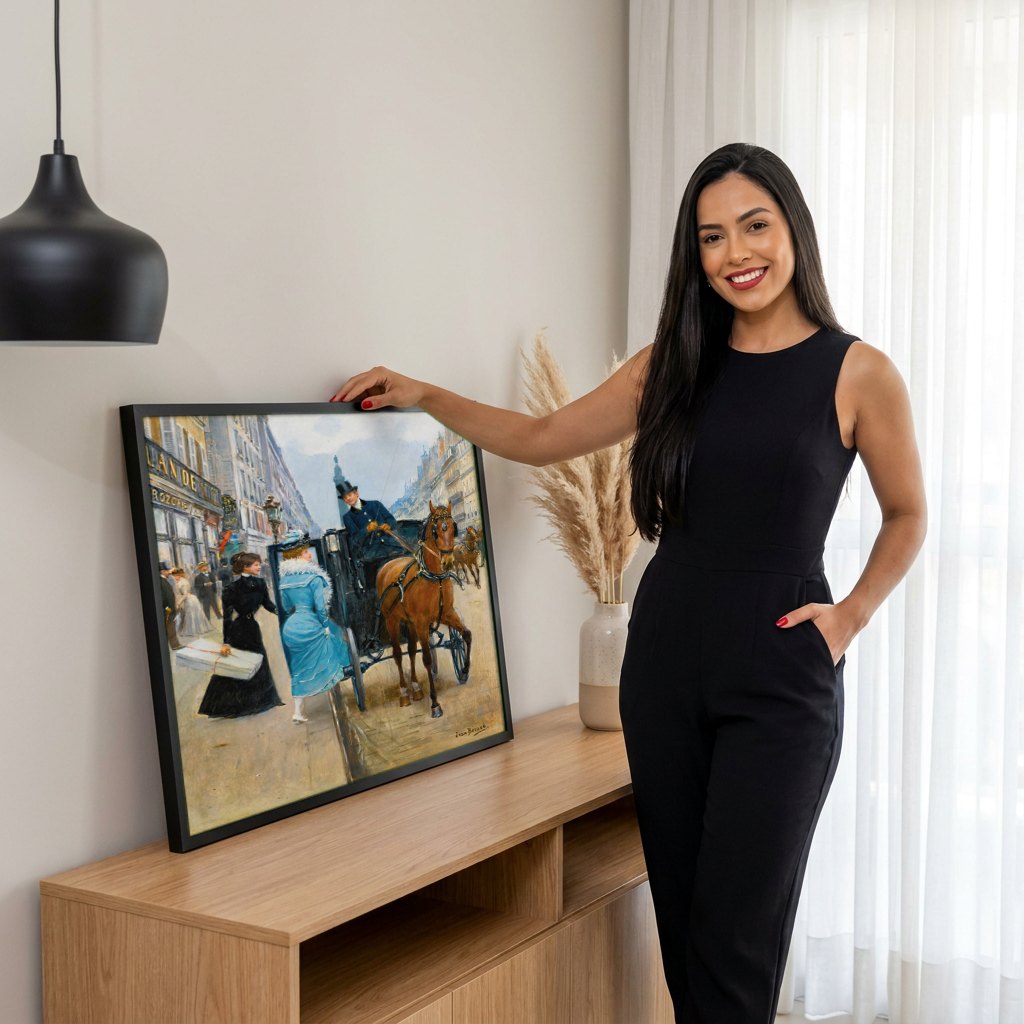 Quadro Decorativo Cena Urbana Parisiense - Jean Béraud | modelo apresentando o quadro emoldurado