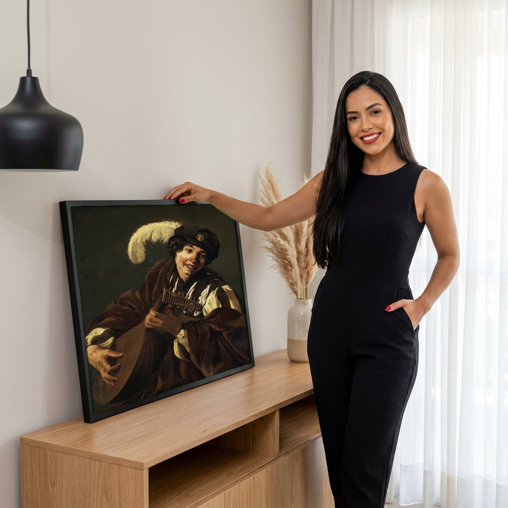 Quadro Decorativo O Tocador de Alaúde - Hendrick ter Brugghen | modelo apresentando o quadro emoldurado