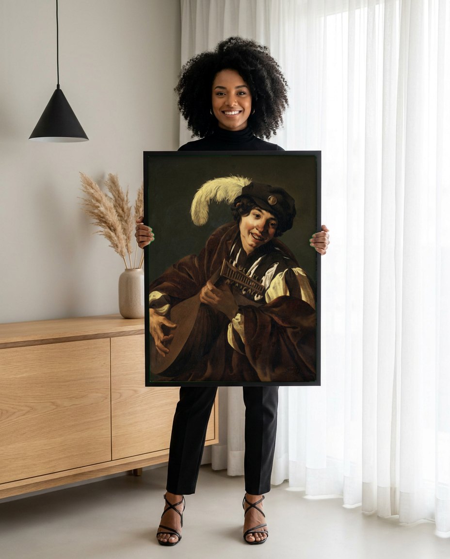 Quadro Decorativo O Tocador de Alaúde - Hendrick ter Brugghen | modelo apresentando o quadro emoldurado