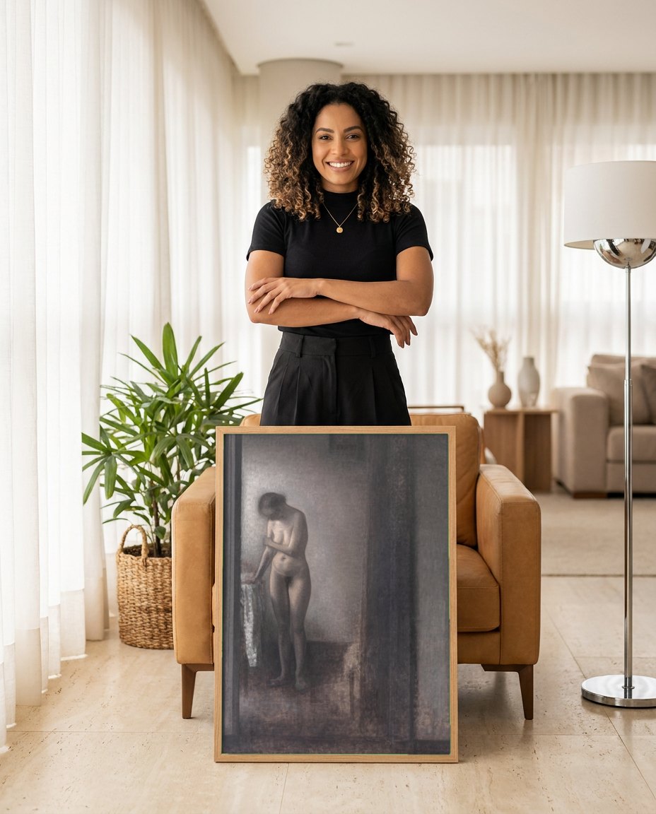 Quadro Decorativo Nudez Enigmática - Vilhelm Hammershøi | modelo apresentando o quadro emoldurado