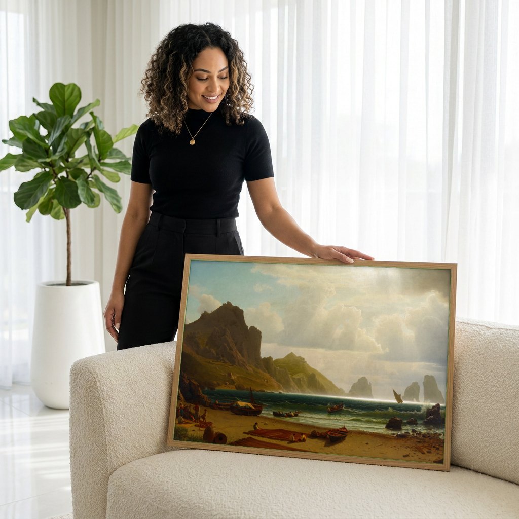 Quadro Decorativo A Baía de Nápoles - Albert Bierstadt | modelo apresentando o quadro emoldurado