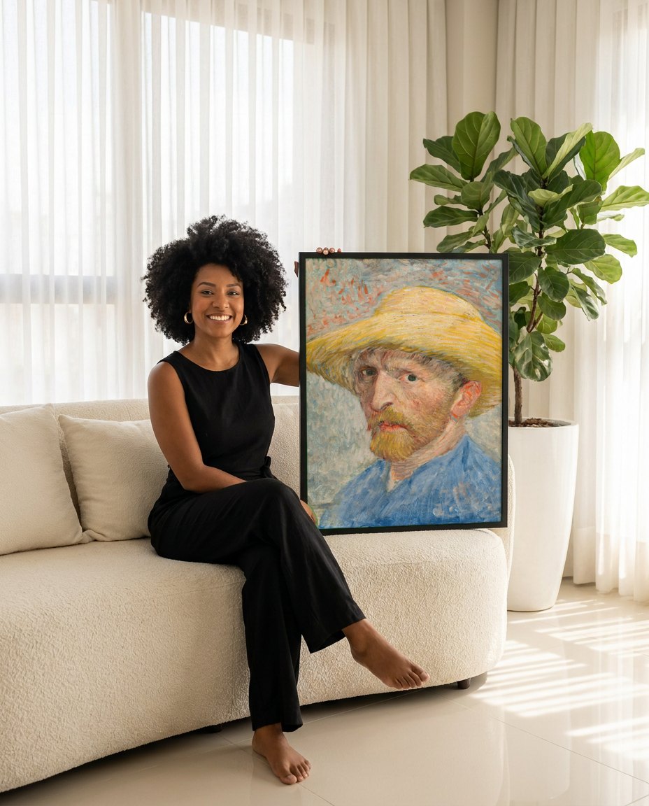 Quadro Decorativo Autorretrato com Chapéu de Palha - Van Gogh | modelo apresentando o quadro emoldurado