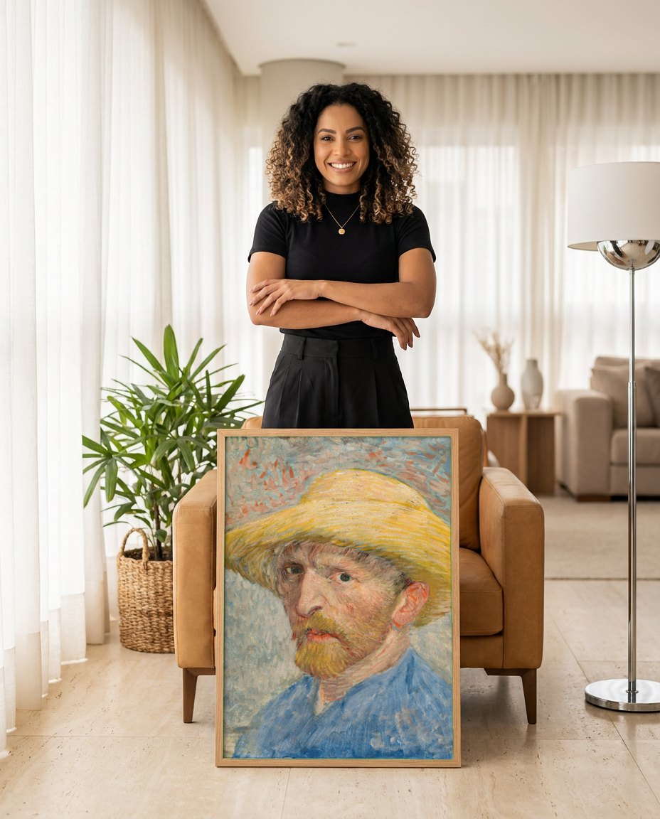 Quadro Decorativo Autorretrato com Chapéu de Palha - Van Gogh | modelo apresentando o quadro emoldurado