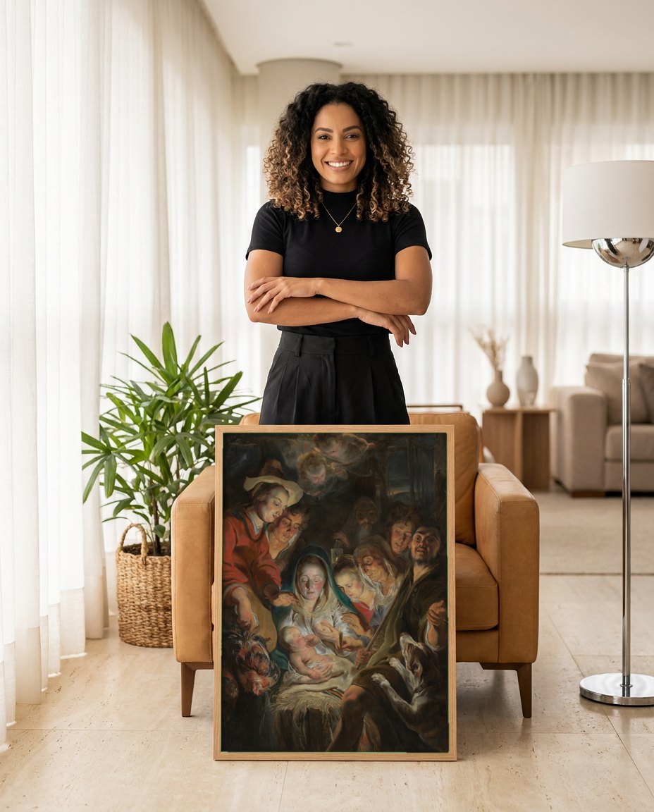 Quadro Decorativo A Adoração dos Pastores - Jacob Jordaens | modelo apresentando o quadro emoldurado
