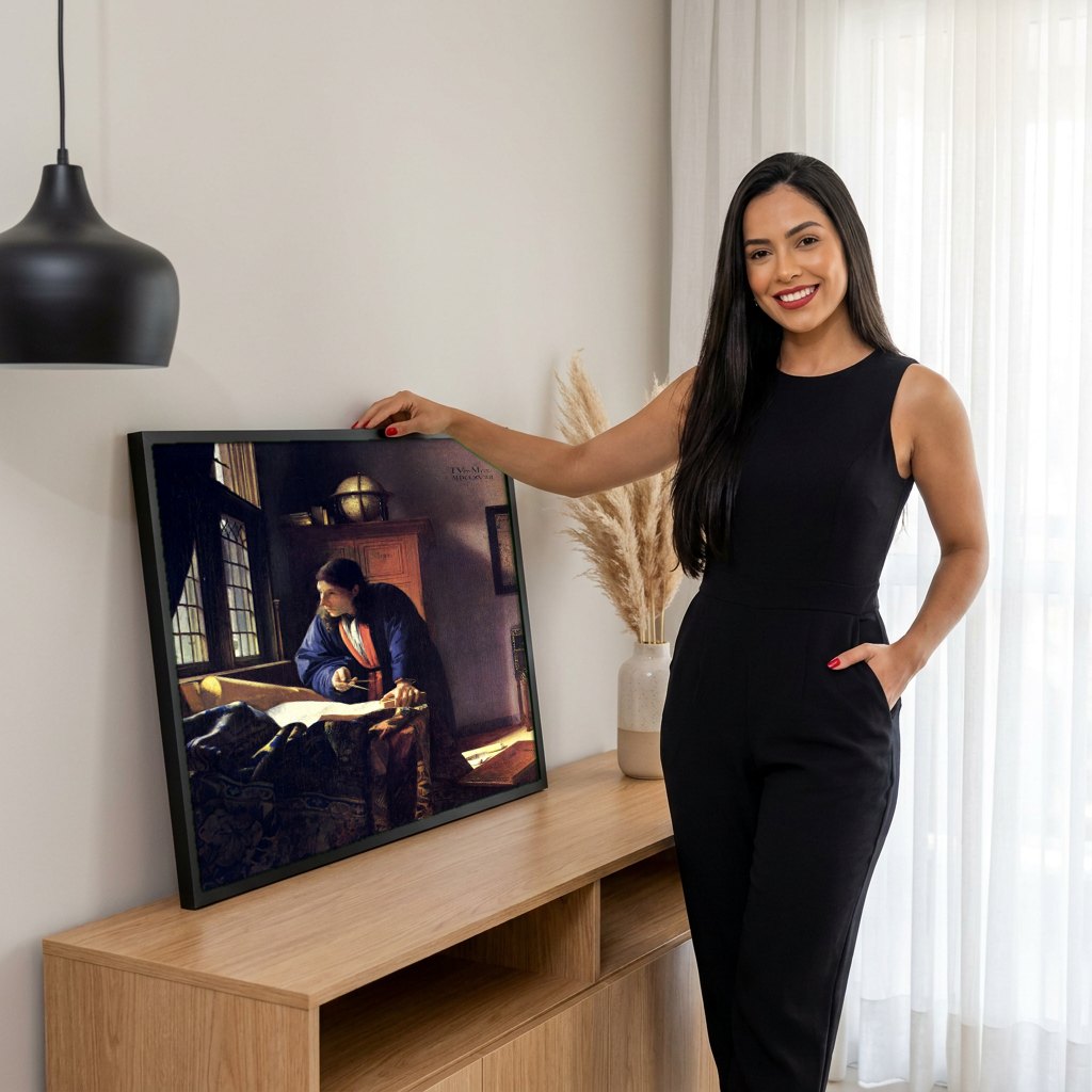 Quadro Decorativo O Geógrafo - Johannes Vermeer | modelo apresentando o quadro emoldurado