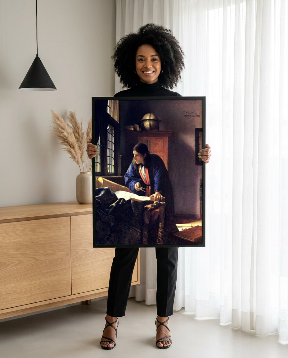 Quadro Decorativo O Geógrafo - Johannes Vermeer | modelo apresentando o quadro emoldurado