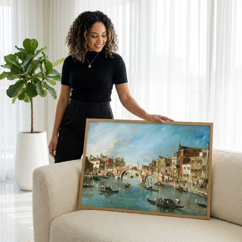 Quadro Decorativo Canal Veneza com Ponte - Francesco Guardi | modelo apresentando o quadro emoldurado