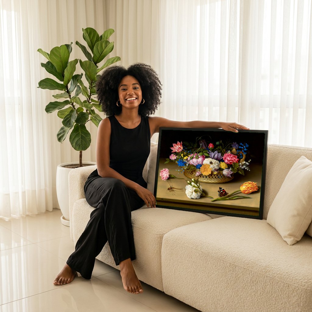 Quadro Decorativo Cesto de Flores e Insetos - Ambrosius Bosschaert | modelo apresentando o quadro emoldurado