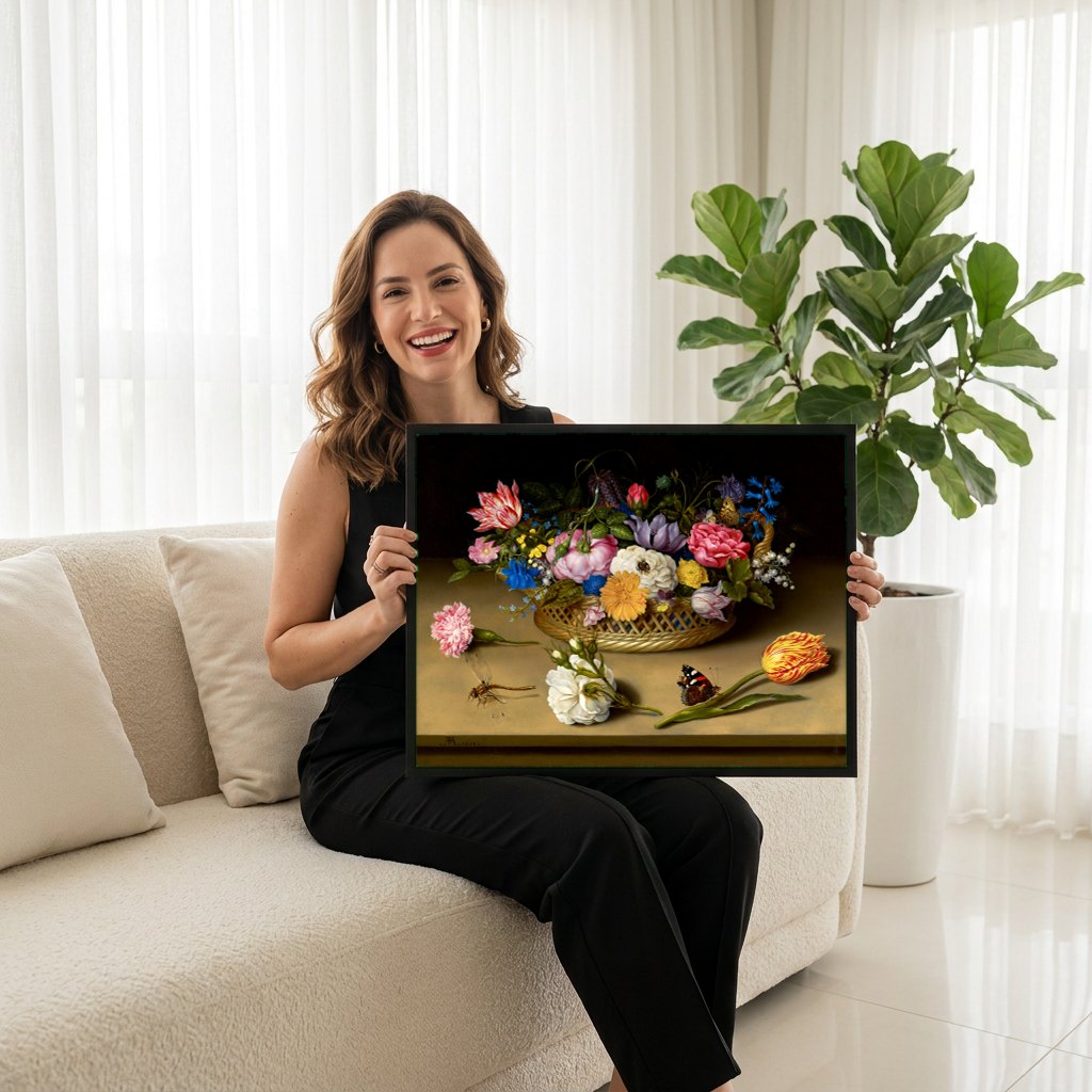 Quadro Decorativo Cesto de Flores e Insetos - Ambrosius Bosschaert | modelo apresentando o quadro emoldurado