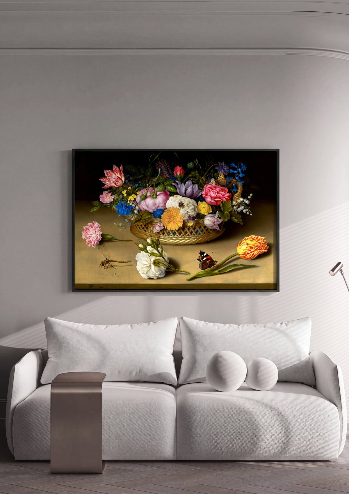 Quadro Decorativo Cesto de Flores e Insetos - Ambrosius Bosschaert | quadro emoldurado na parede