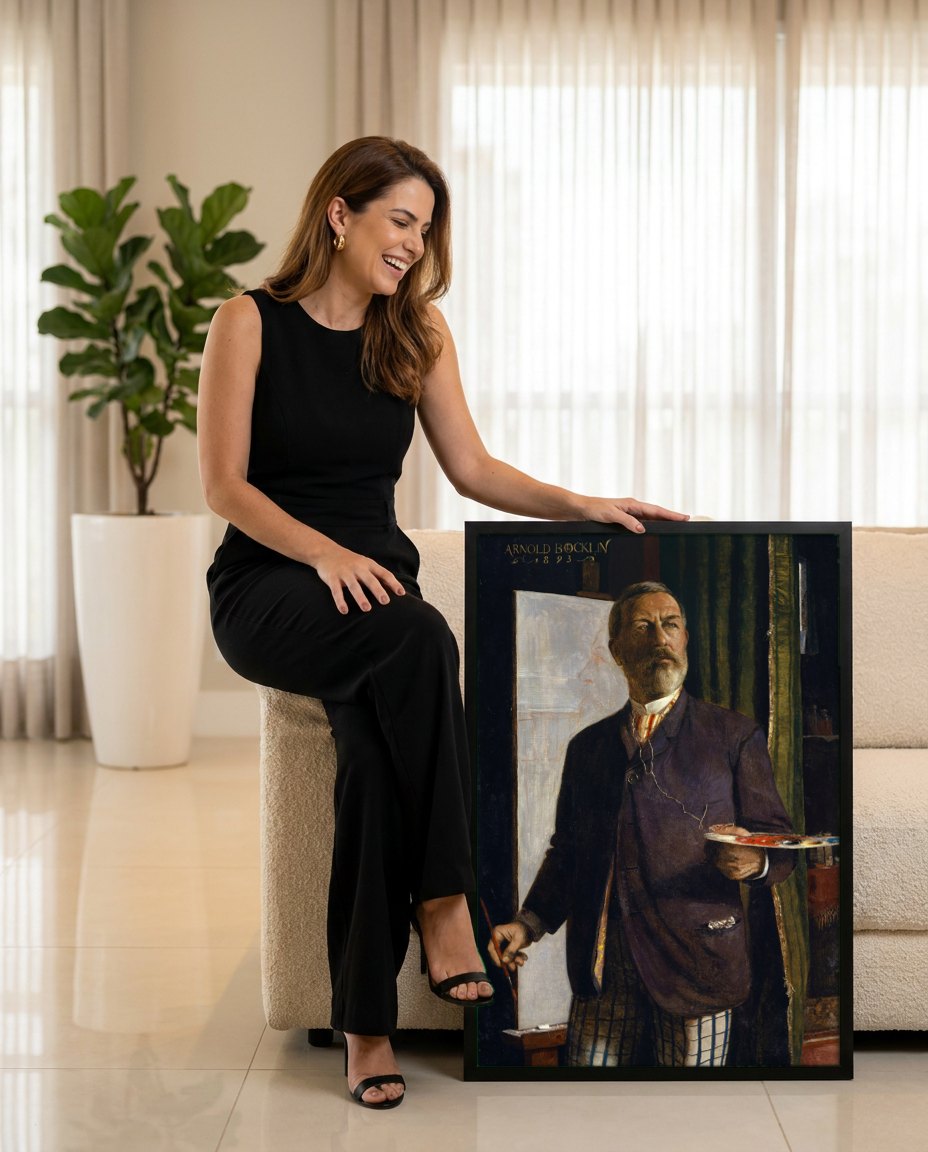 Quadro Decorativo Autorretrato com Pincel e Paleta - Arnold Böcklin | modelo apresentando o quadro emoldurado