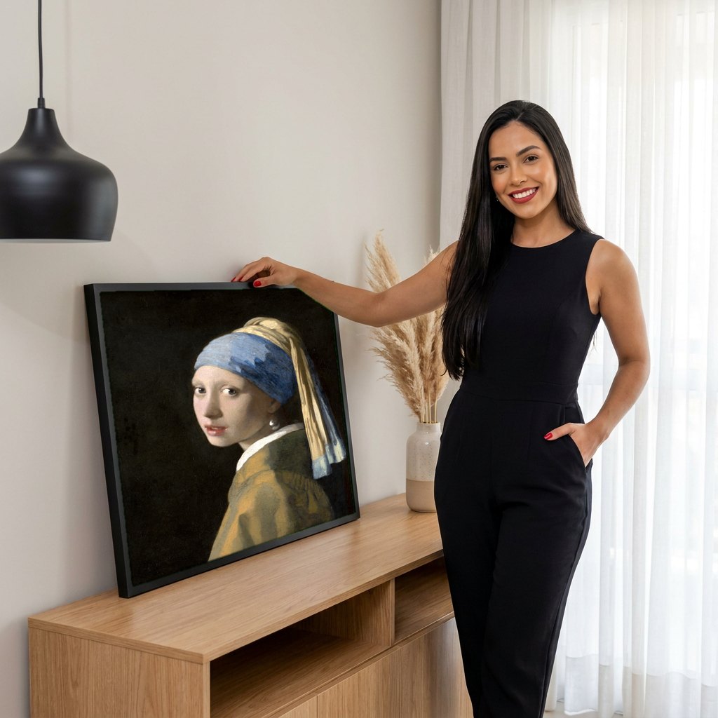 Quadro Decorativo A Moça com o Brinco de Pérola - Vermeer | modelo apresentando o quadro emoldurado
