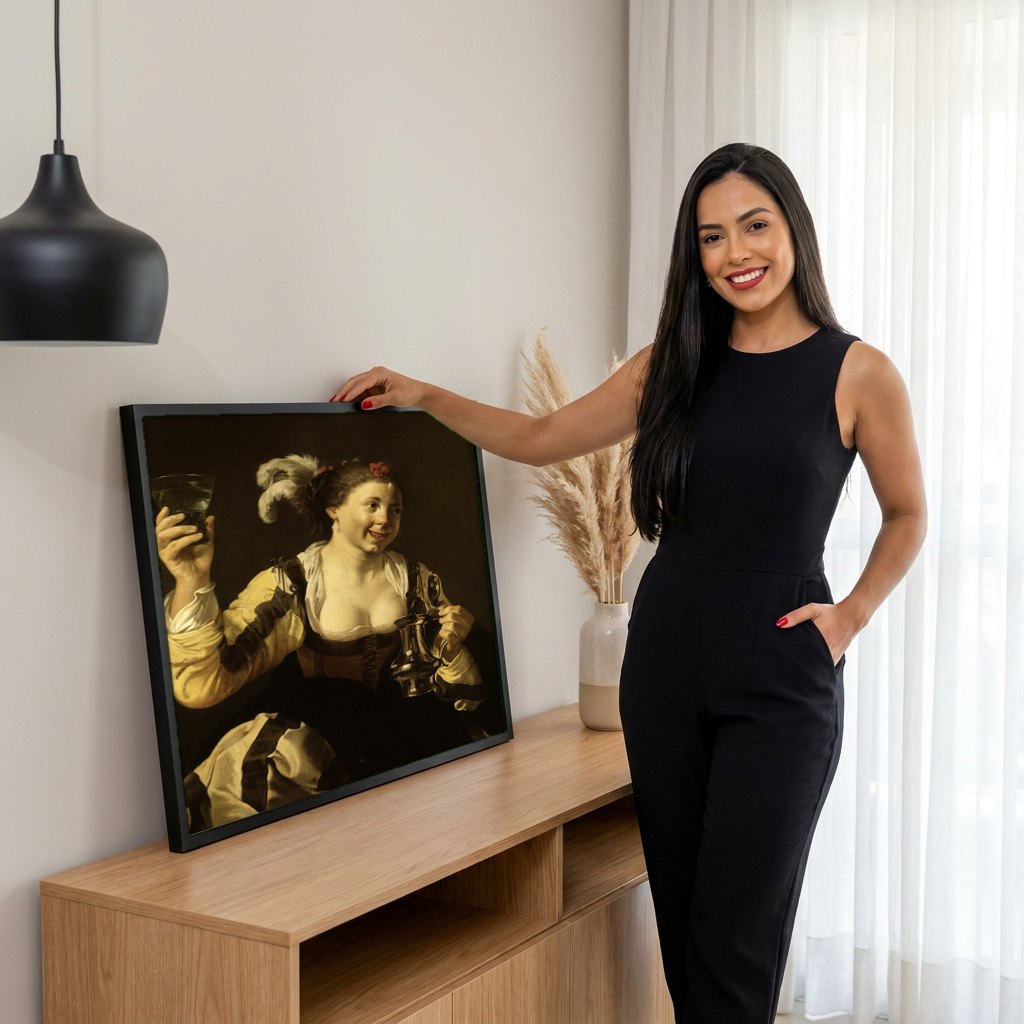 Quadro Decorativo A Jovem com o Copo de Vinho - Hendrick ter Brugghen | modelo apresentando o quadro emoldurado