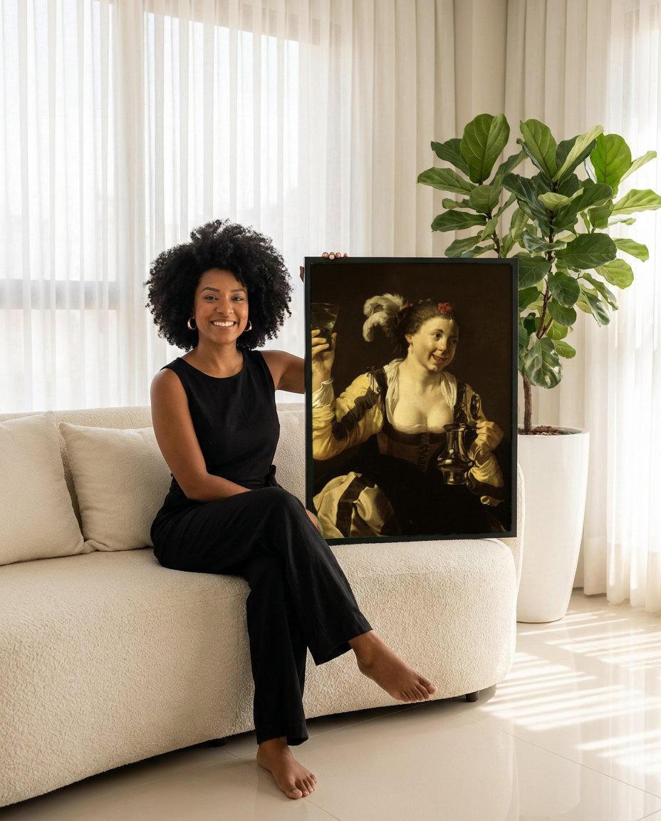 Quadro Decorativo A Jovem com o Copo de Vinho - Hendrick ter Brugghen | modelo apresentando o quadro emoldurado