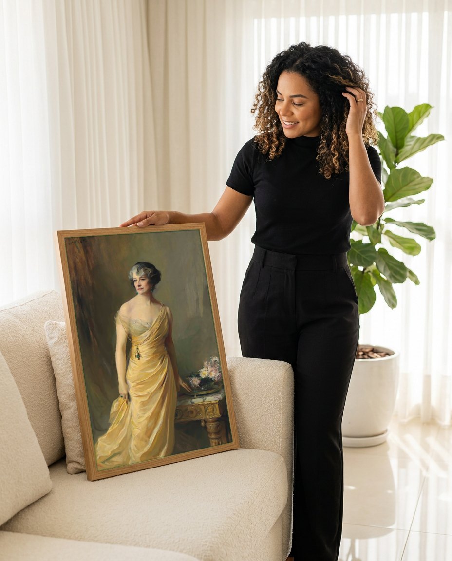 Quadro Decorativo Retrato de Senhora Elegante - Philip Alexius de László | modelo apresentando o quadro emoldurado