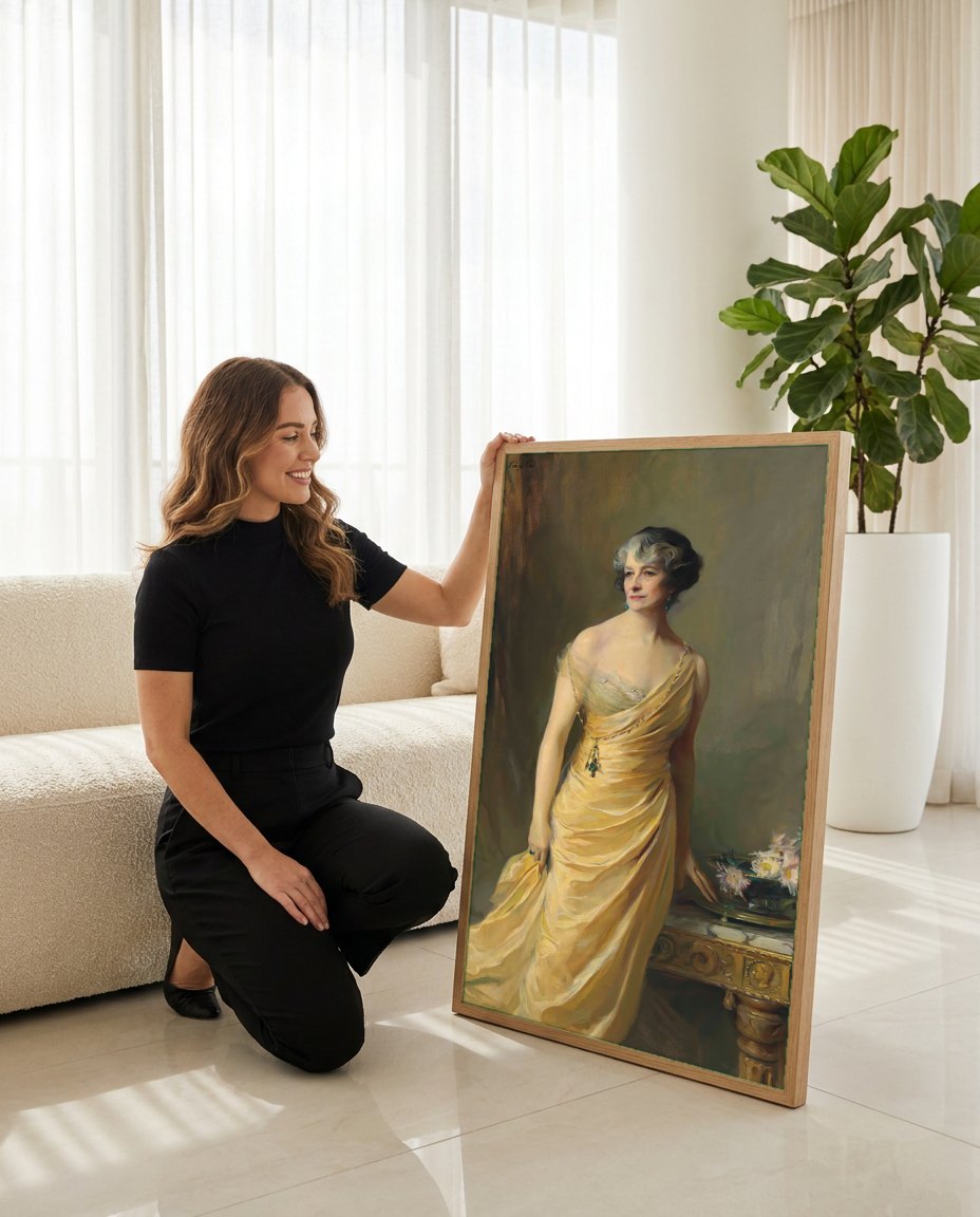 Quadro Decorativo Retrato de Senhora Elegante - Philip Alexius de László | modelo apresentando o quadro emoldurado