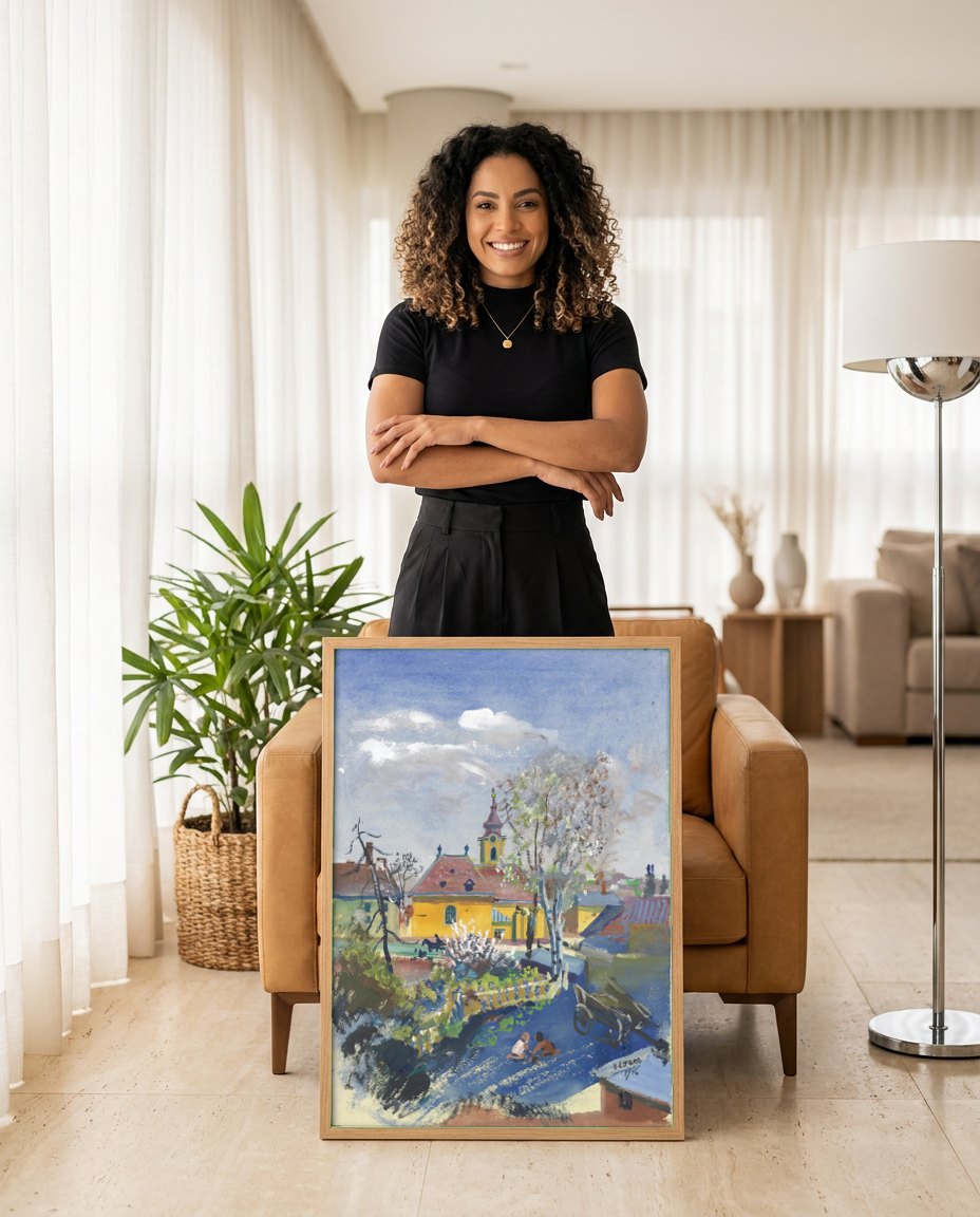 Quadro Decorativo 'Paisagem com Igreja e Crianças' - Oskar Laske | modelo apresentando o quadro emoldurado