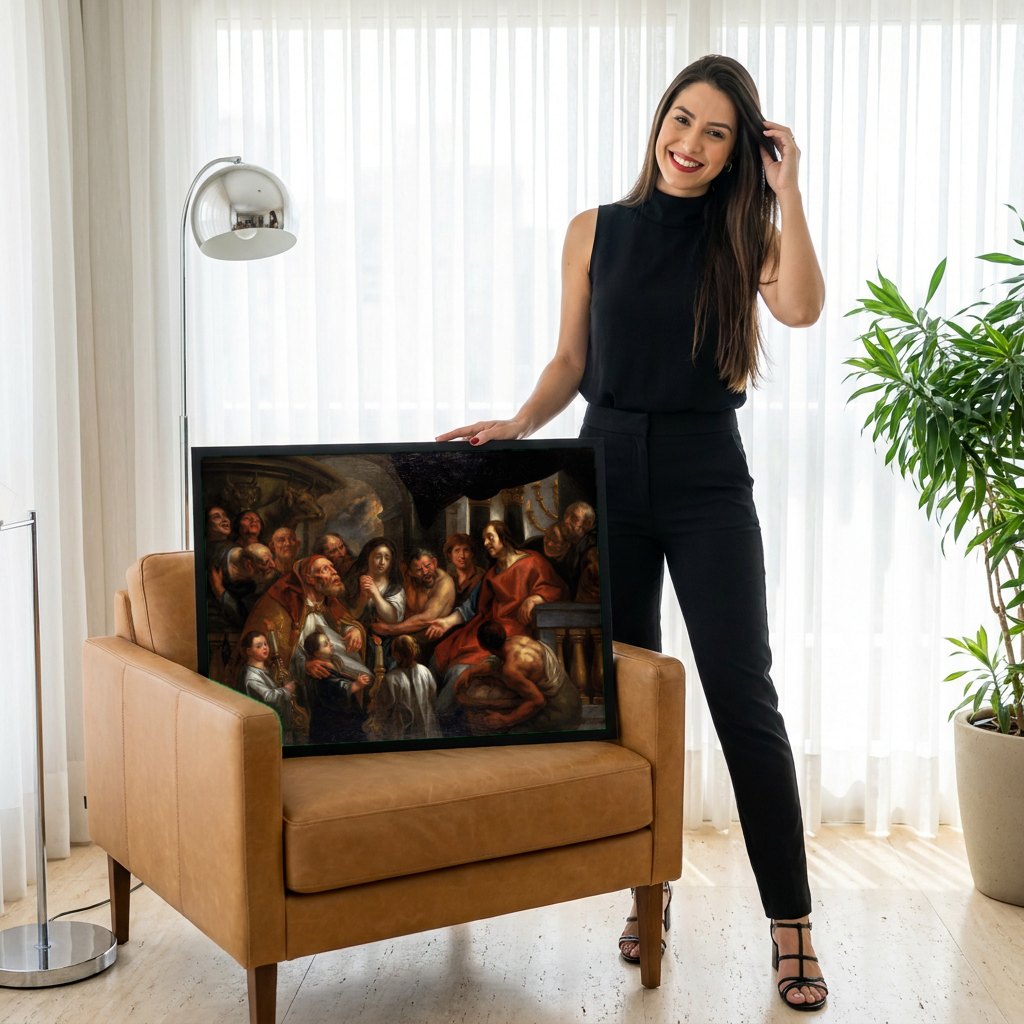Quadro Decorativo A Adoração dos Pastores - Jacob Jordaens | modelo apresentando o quadro emoldurado