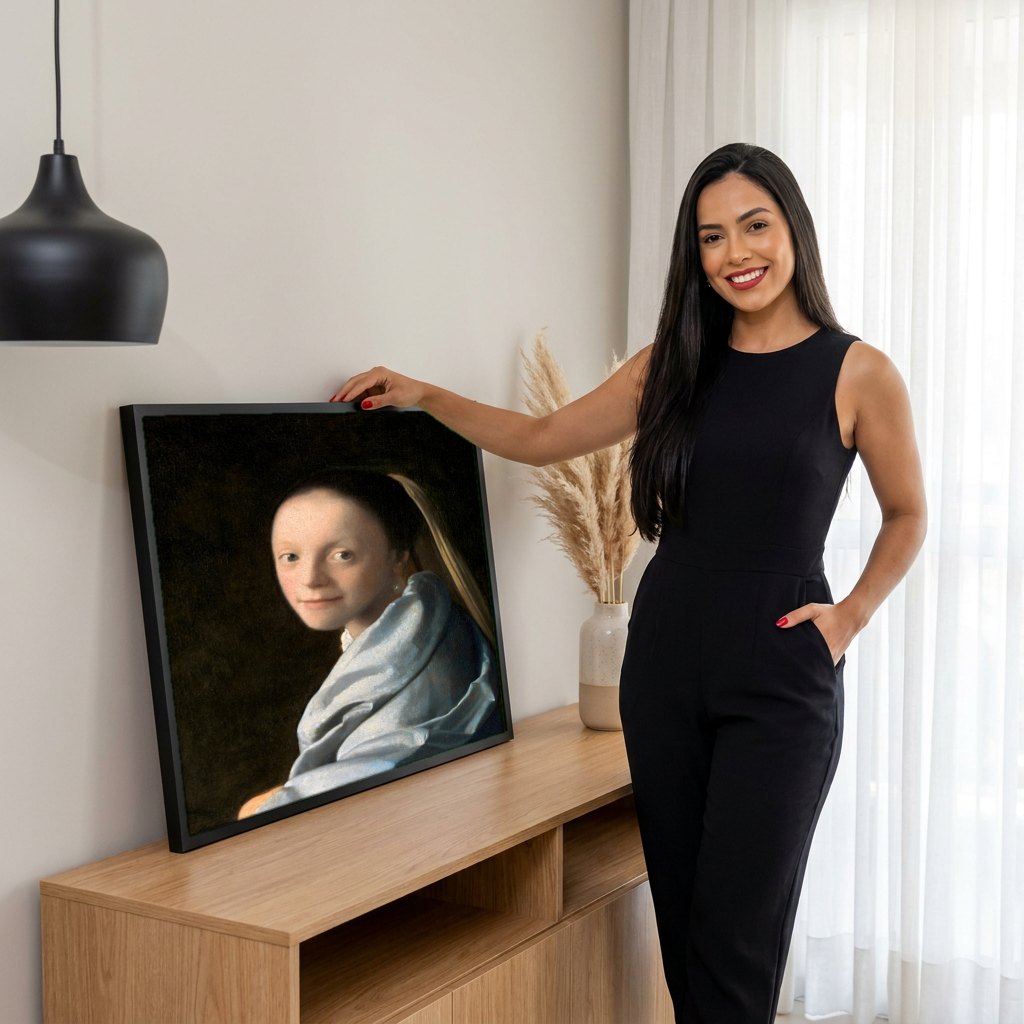 Quadro Decorativo A Moça com o Brinco de Pérola - Vermeer | modelo apresentando o quadro emoldurado