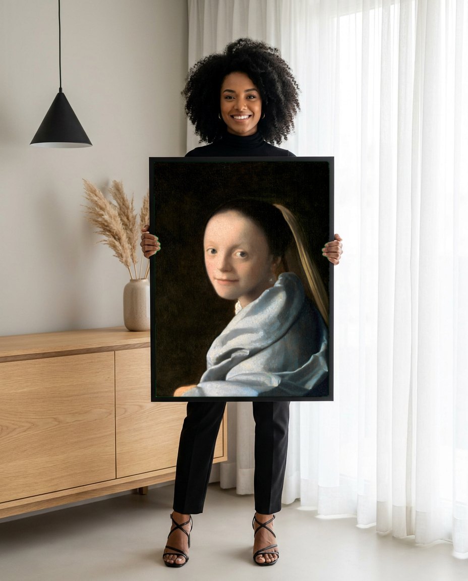 Quadro Decorativo A Moça com o Brinco de Pérola - Vermeer | modelo apresentando o quadro emoldurado