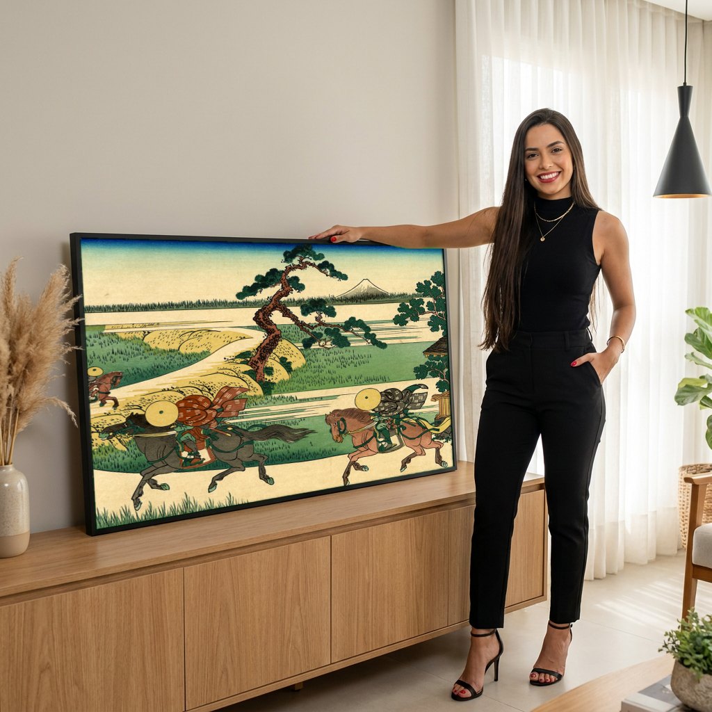 Quadro Decorativo Hokusai - O Monte Fuji e Cavaleiros | modelo apresentando o quadro emoldurado