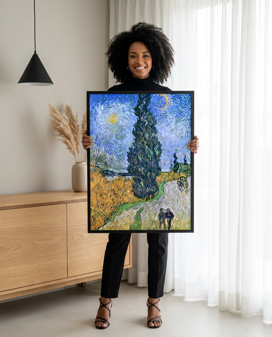 Quadro Decorativo Estrada com Cipreste e Estrela - Van Gogh | modelo apresentando o quadro emoldurado