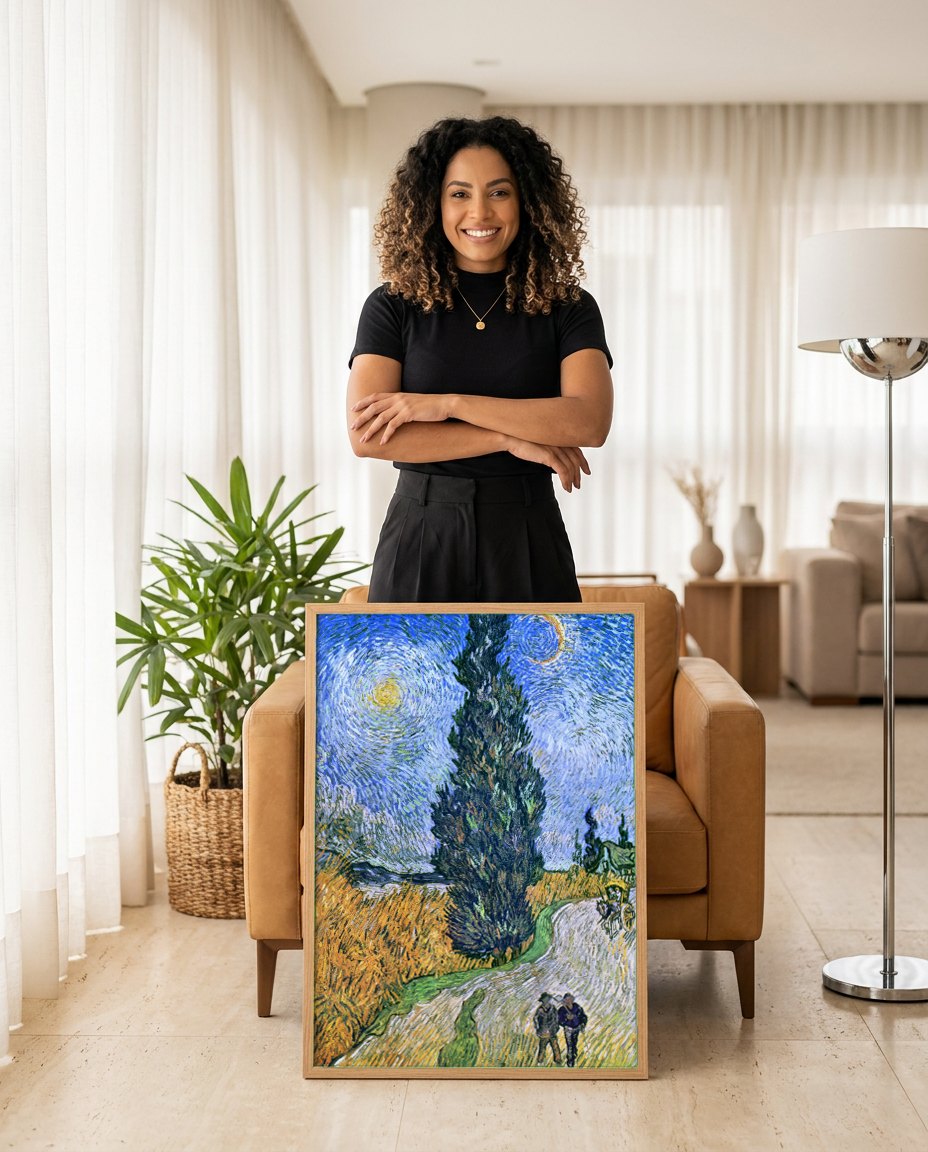 Quadro Decorativo Estrada com Cipreste e Estrela - Van Gogh | modelo apresentando o quadro emoldurado