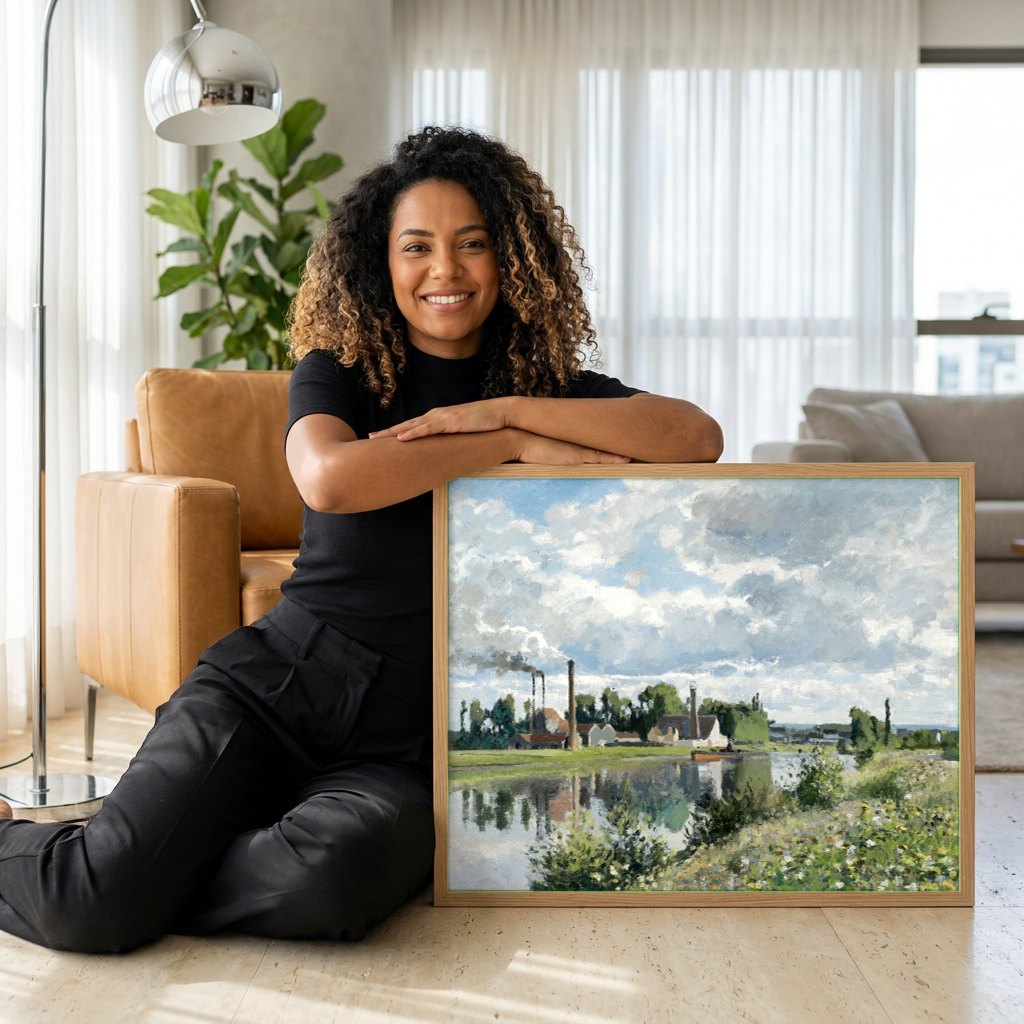 Quadro Decorativo A Fábrica de Pontoise - Camille Pissarro | modelo apresentando o quadro emoldurado