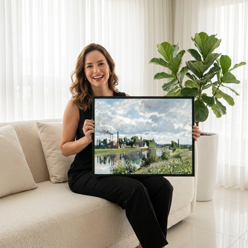 Quadro Decorativo A Fábrica de Pontoise - Camille Pissarro | modelo apresentando o quadro emoldurado
