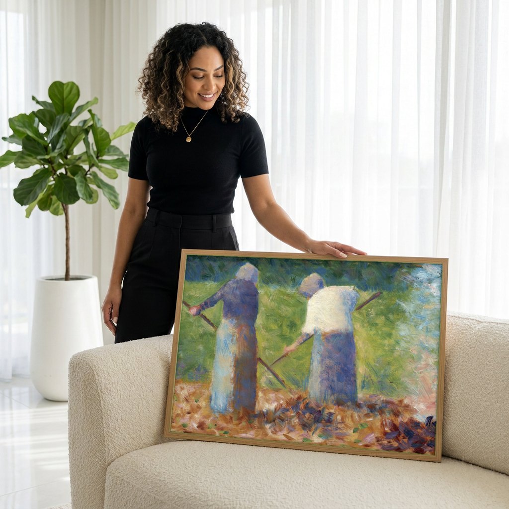 Quadro Decorativo Camponesas no Campo - Georges Seurat | modelo apresentando o quadro emoldurado