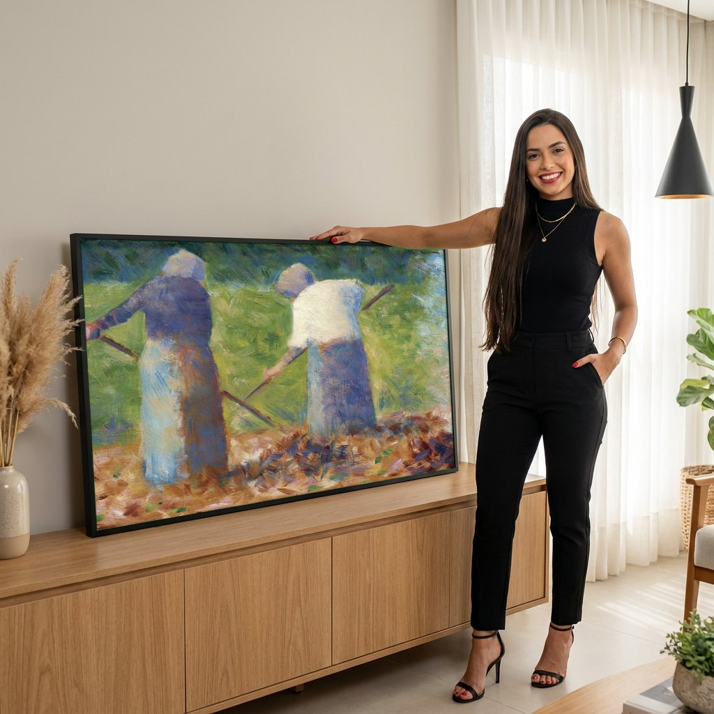 Quadro Decorativo Camponesas no Campo - Georges Seurat | modelo apresentando o quadro emoldurado