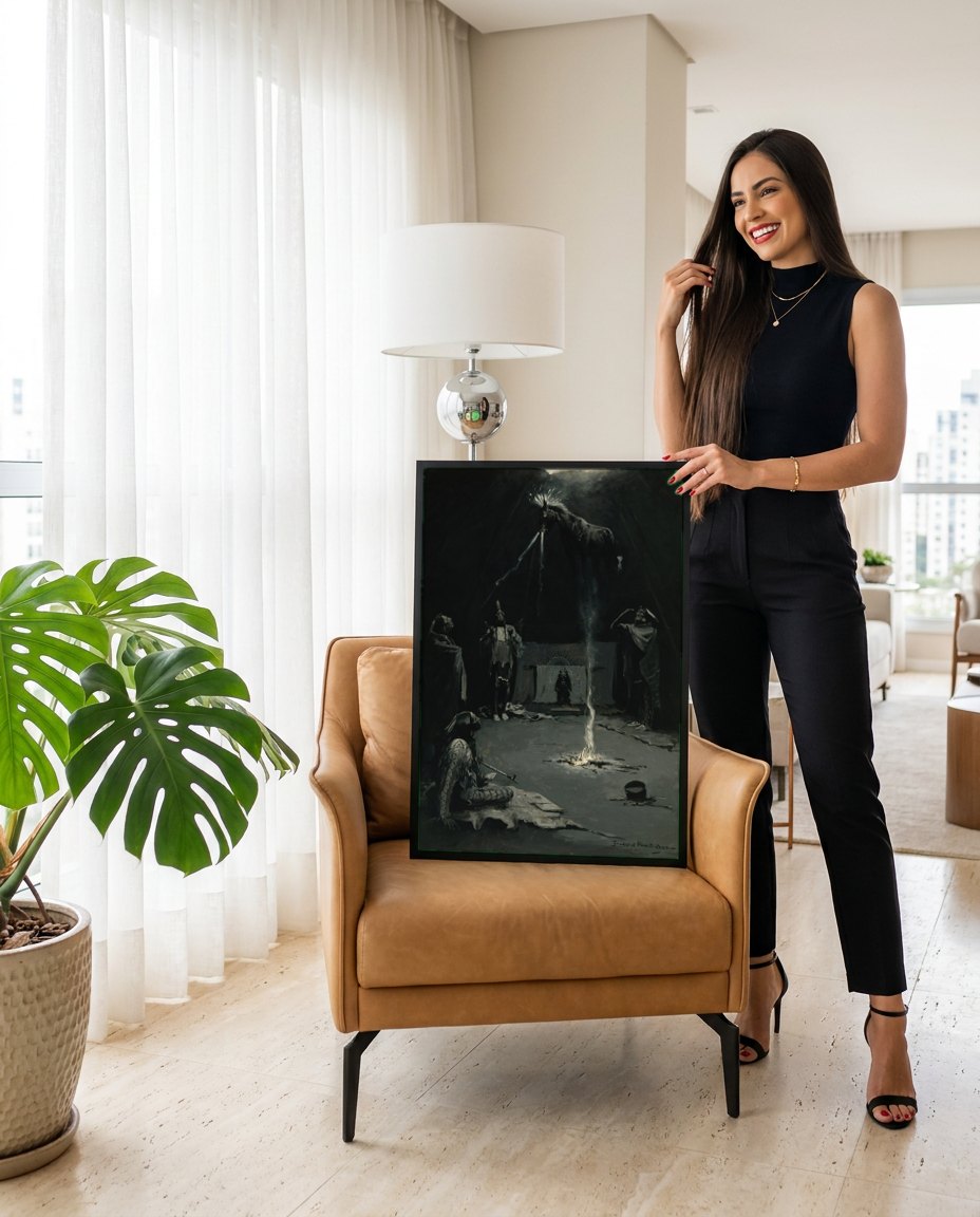 Quadro Decorativo A Invocação do Grande Espírito - Frederic Remington | modelo apresentando o quadro emoldurado