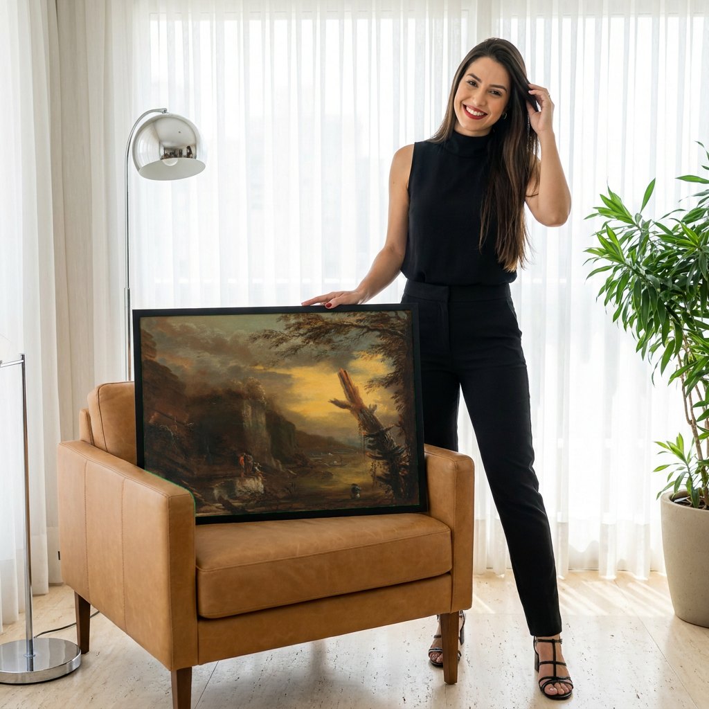 Quadro Decorativo Paisagem com Pescadores - Salvator Rosa | modelo apresentando o quadro emoldurado