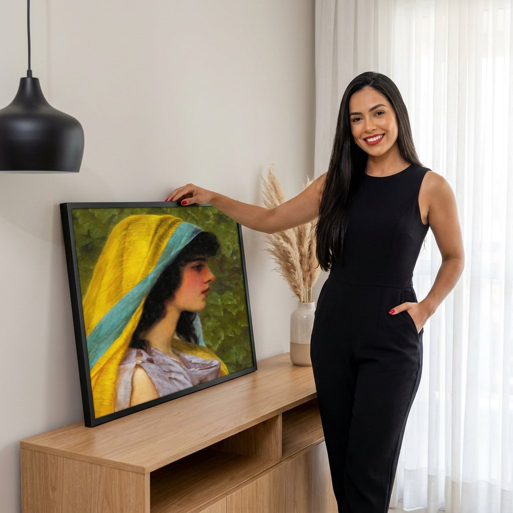 Quadro Decorativo A Jovem de Manto Amarelo - Godward | modelo apresentando o quadro emoldurado
