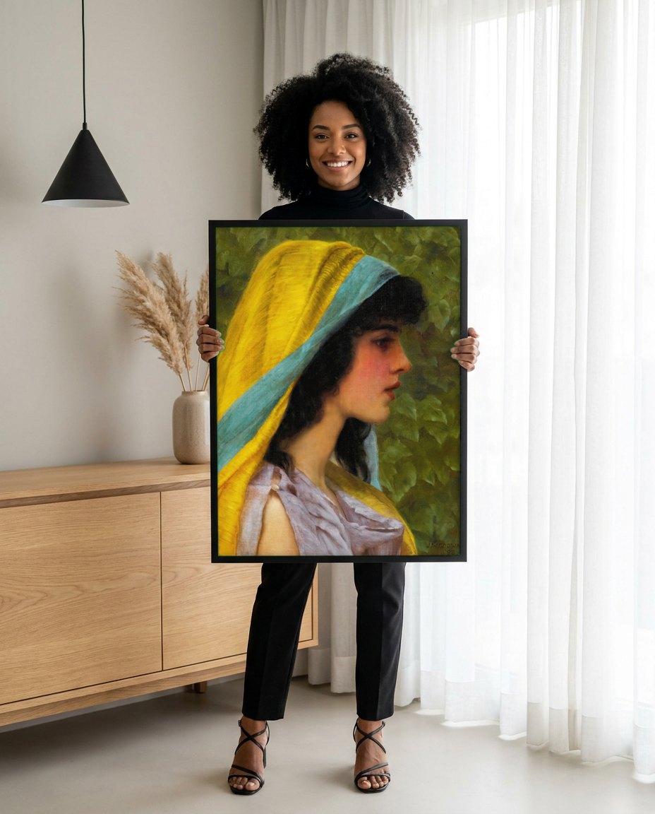 Quadro Decorativo A Jovem de Manto Amarelo - Godward | modelo apresentando o quadro emoldurado