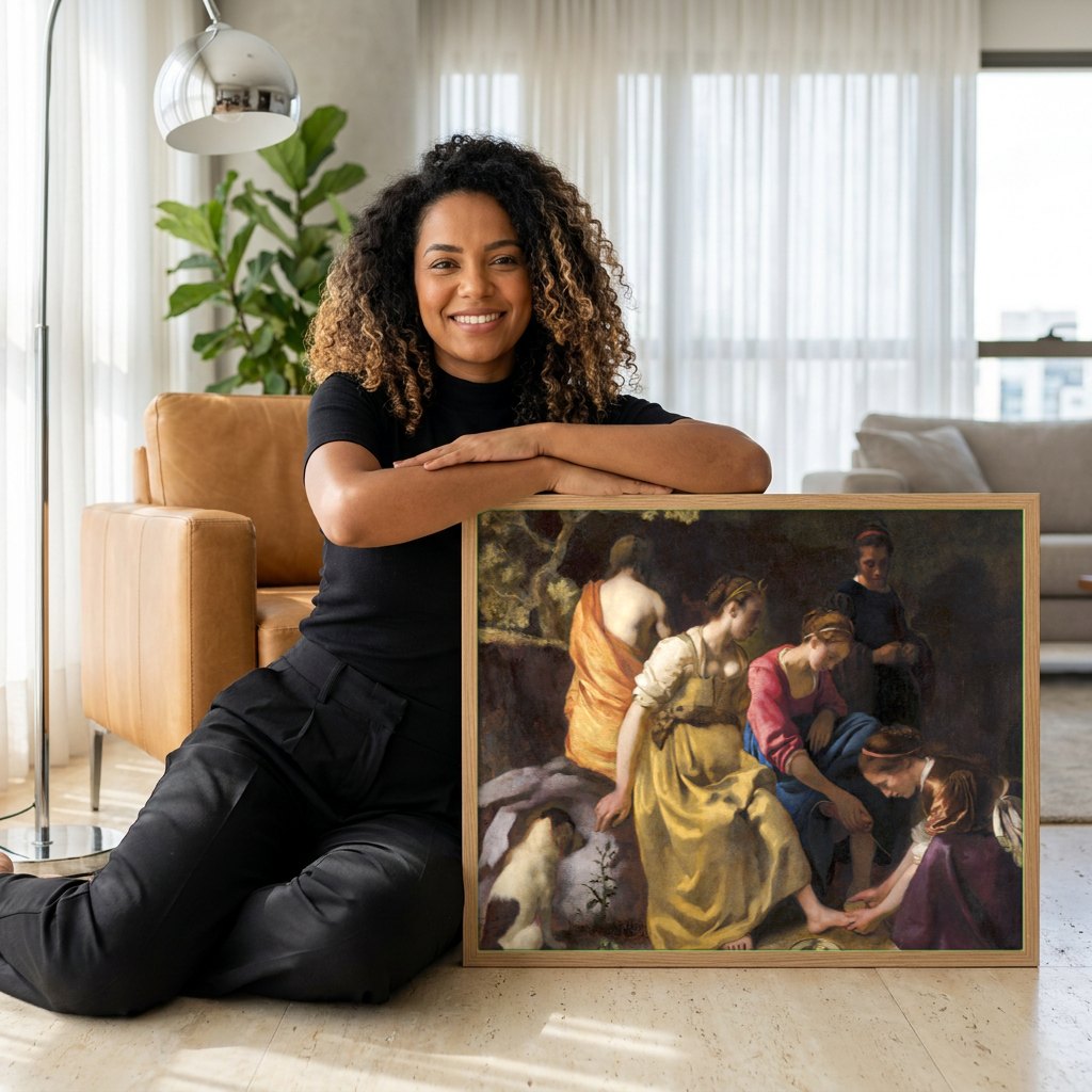 Quadro Decorativo Diana e Suas Ninfas - Vermeer | modelo apresentando o quadro emoldurado