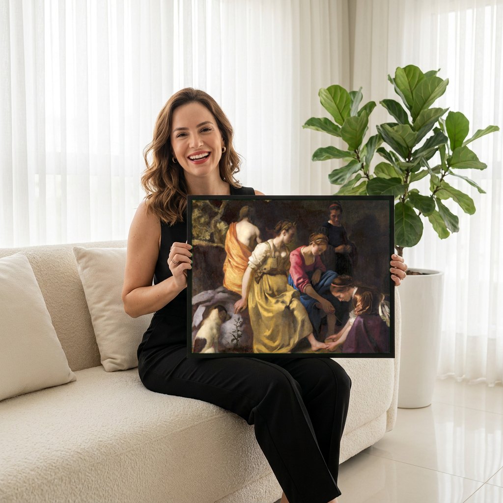 Quadro Decorativo Diana e Suas Ninfas - Vermeer | modelo apresentando o quadro emoldurado