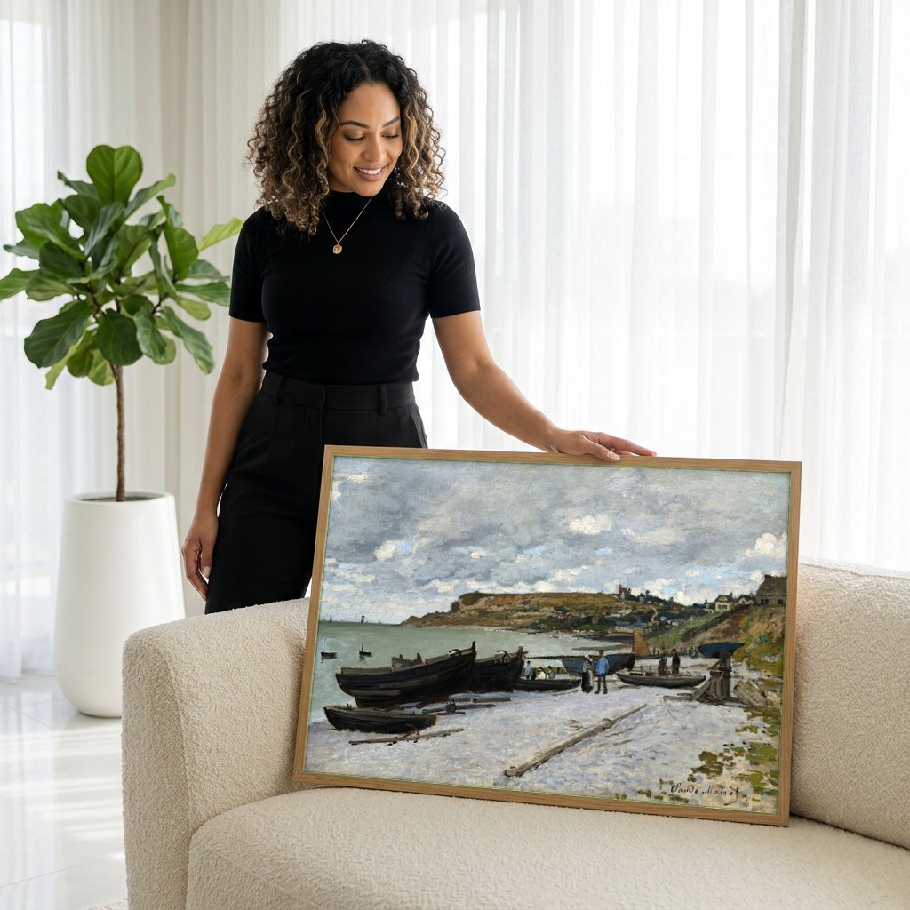 Quadro Decorativo Praia de Fécamp - Claude Monet | modelo apresentando o quadro emoldurado