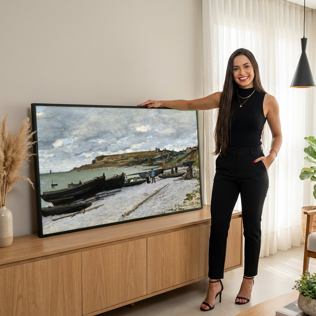 Quadro Decorativo Praia de Fécamp - Claude Monet | modelo apresentando o quadro emoldurado