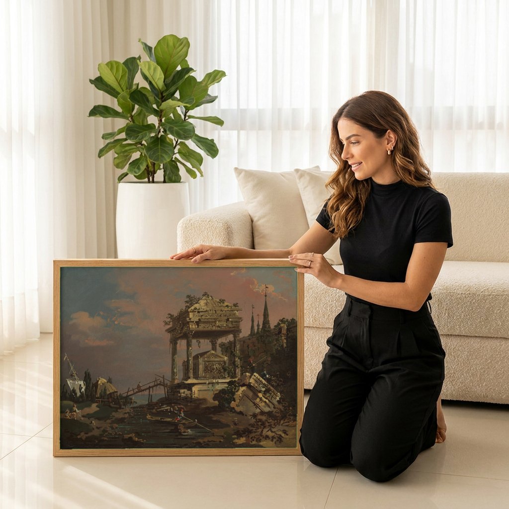Quadro Decorativo Ruínas com Pirâmide e Barcos - Canaletto | modelo apresentando o quadro emoldurado